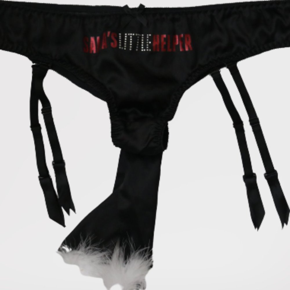 Victoria`s Secret Santa`s Little Helper Black Bikini Garters Belt Christmas New